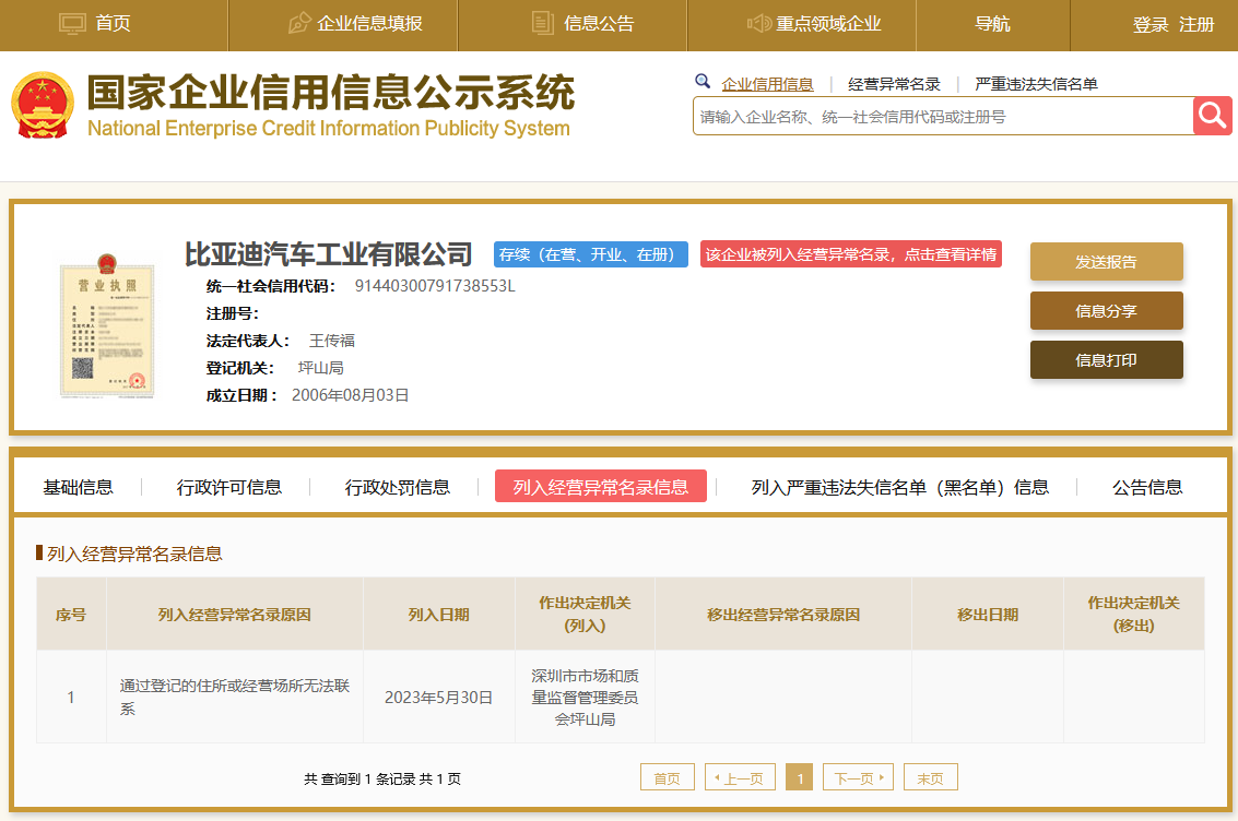 比亞迪汽車工業ldquo;經營異常&rdquo;?比亞迪:未被列入經營異常名錄